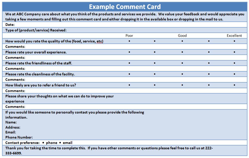 Restaurant Comment Cards Template from thethrivingsmallbusiness.com