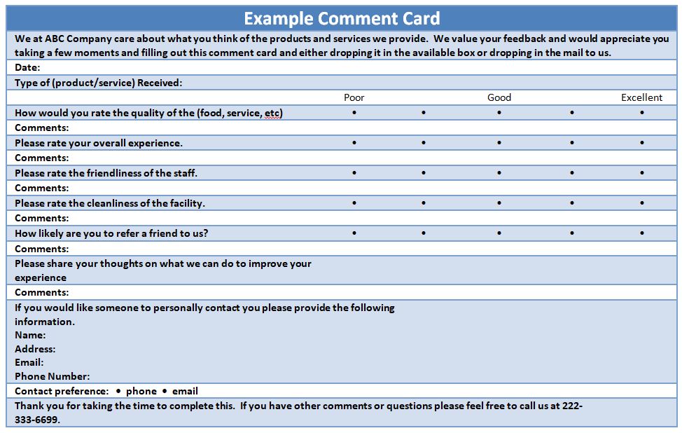 Free Printable Comment Card Template Word